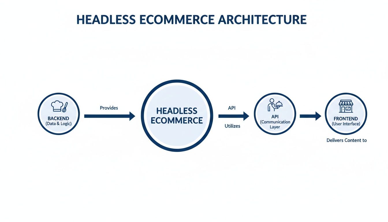 A diagram illustrating headless ecommerce architecture components: Backend, Headless Ecommerce, API, and Frontend.