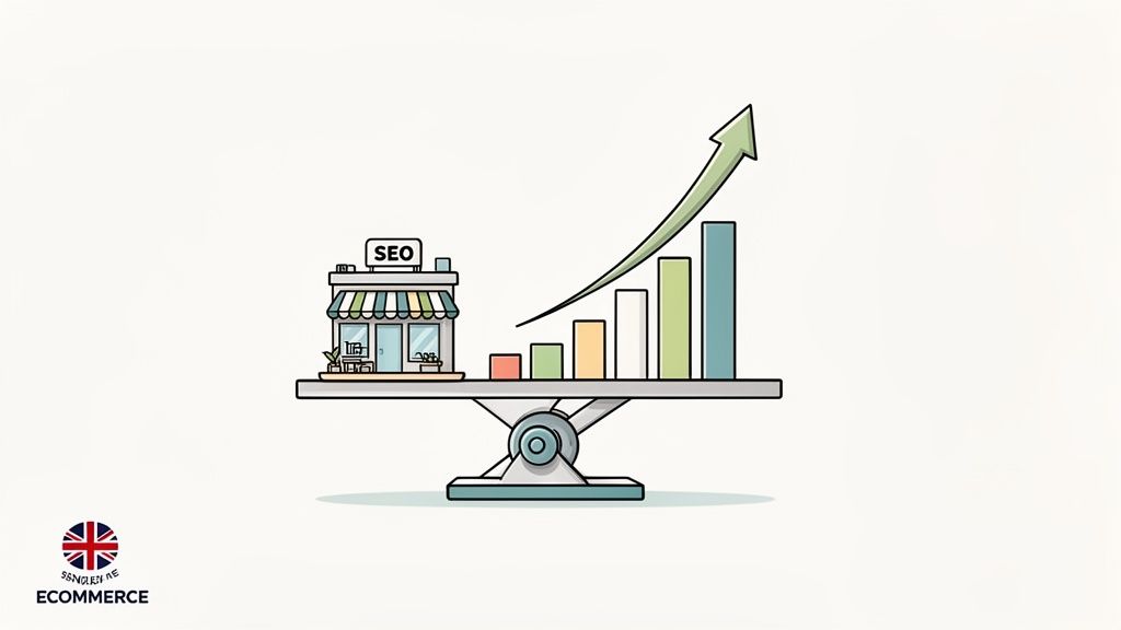 An illustration of a shop with 'SEO' on a balance scale, showing increasing business growth.