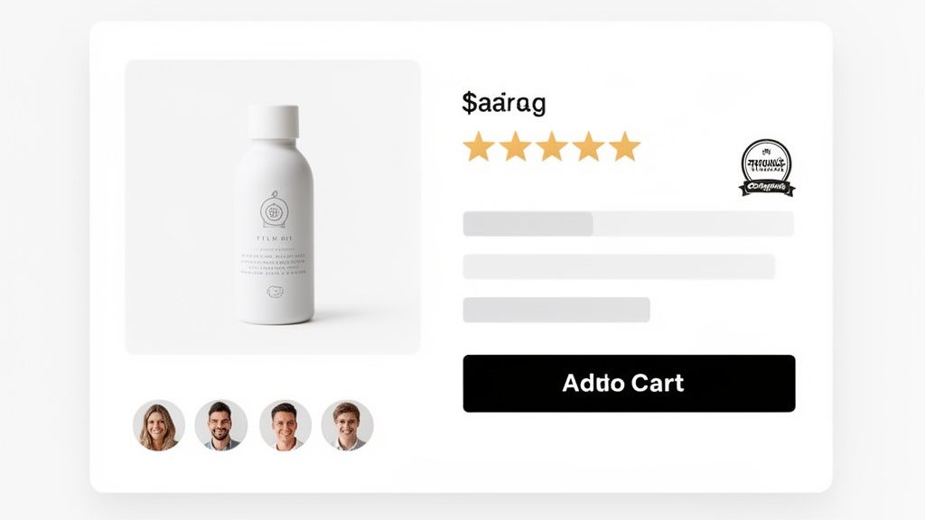 E-commerce product page displaying a white bottle, 5-star rating, price, 'Add to Cart' button, and customer avatars.