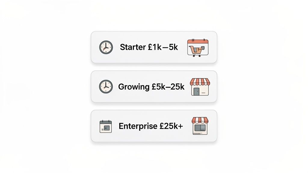 Three cards illustrate e-commerce business tiers: Starter (£1k-5k), Growing (£5k-25k), and Enterprise (£25k+).