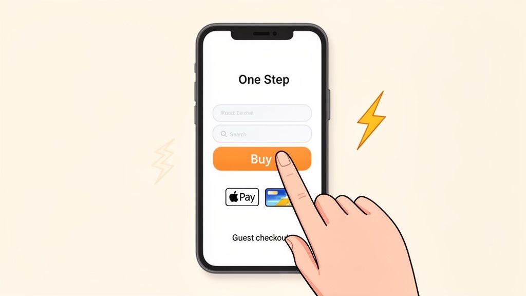 A hand taps the 'Buy' button on a smartphone's one-step checkout screen, showing Apple Pay options.