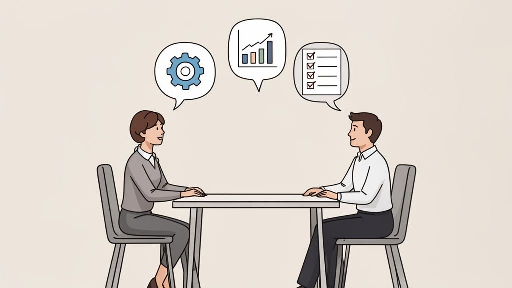 Two professionals discuss business processes, growth data, and project tasks at a table.