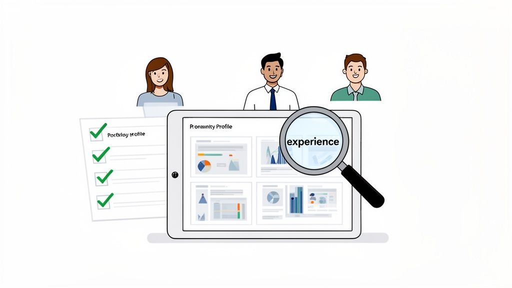 Professionals evaluating digital profiles on a tablet, with a magnifying glass highlighting 'experience' and a checklist.