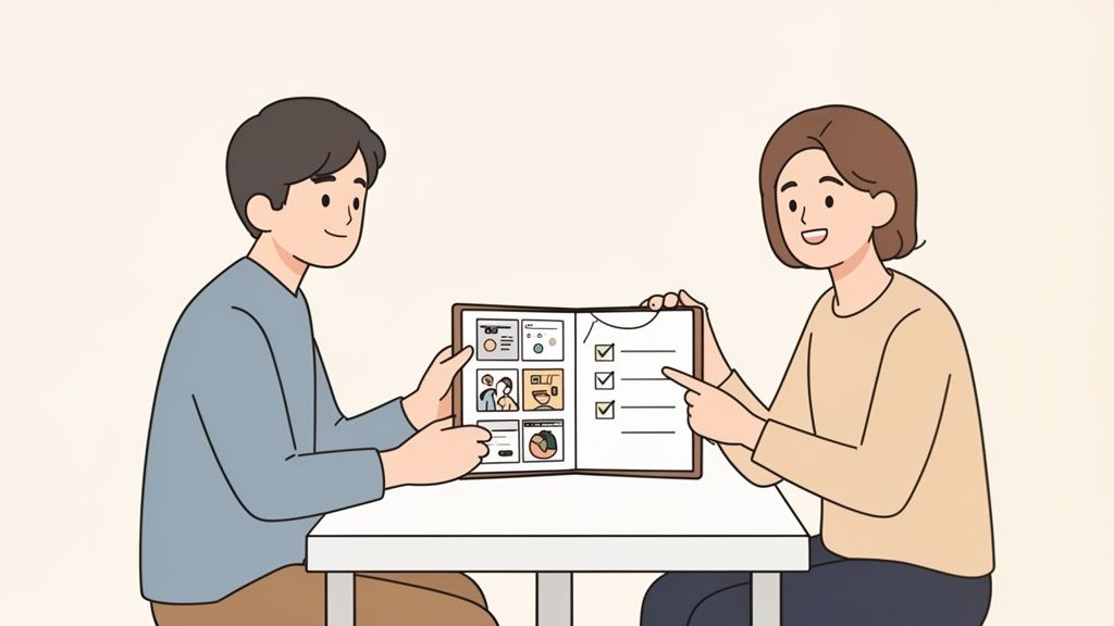 Two people review an open book with graphics and a checklist, possibly for a project.