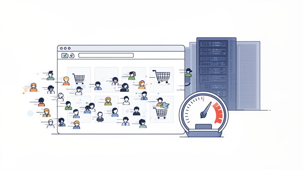 Illustration of an e-commerce website handling many online shoppers with fast server performance.