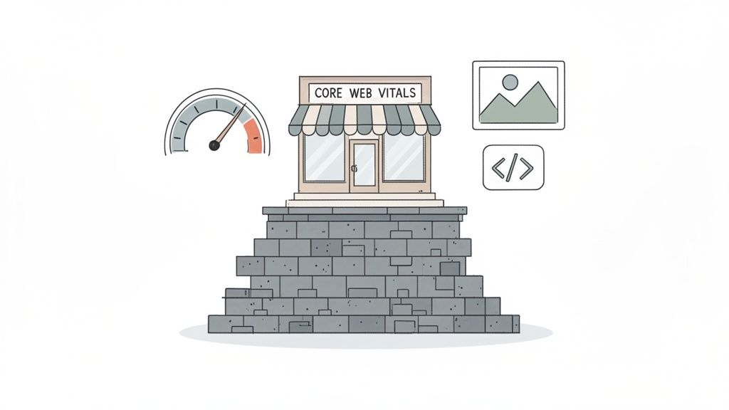Illustration of a 'Core Web Vitals' storefront on a stone foundation, with a speed gauge, image icon, and code icon.