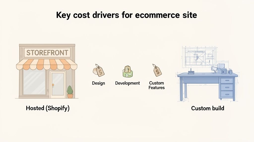 Key cost drivers for ecommerce websites, differentiating between hosted (Shopify) and custom builds, including design, development, and custom features.