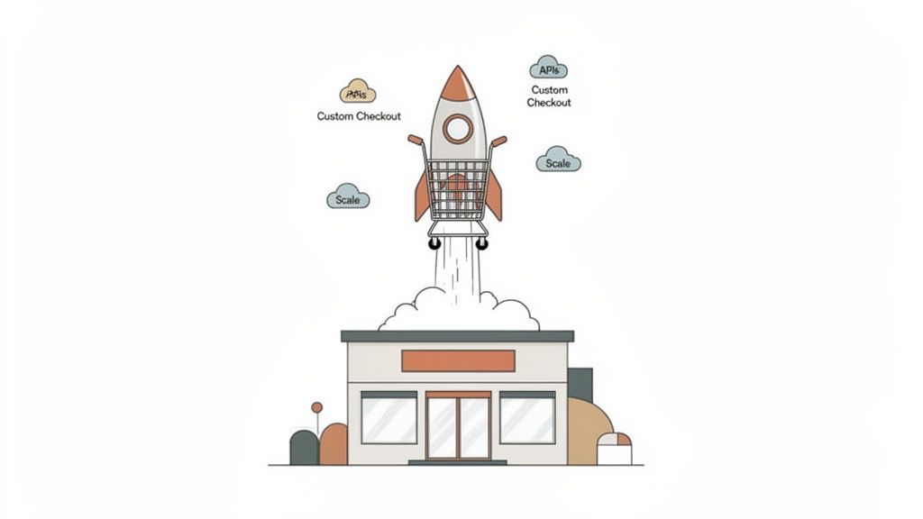 An e-commerce rocket with a shopping cart launching from a store, representing custom checkout, APIs, and scale.
