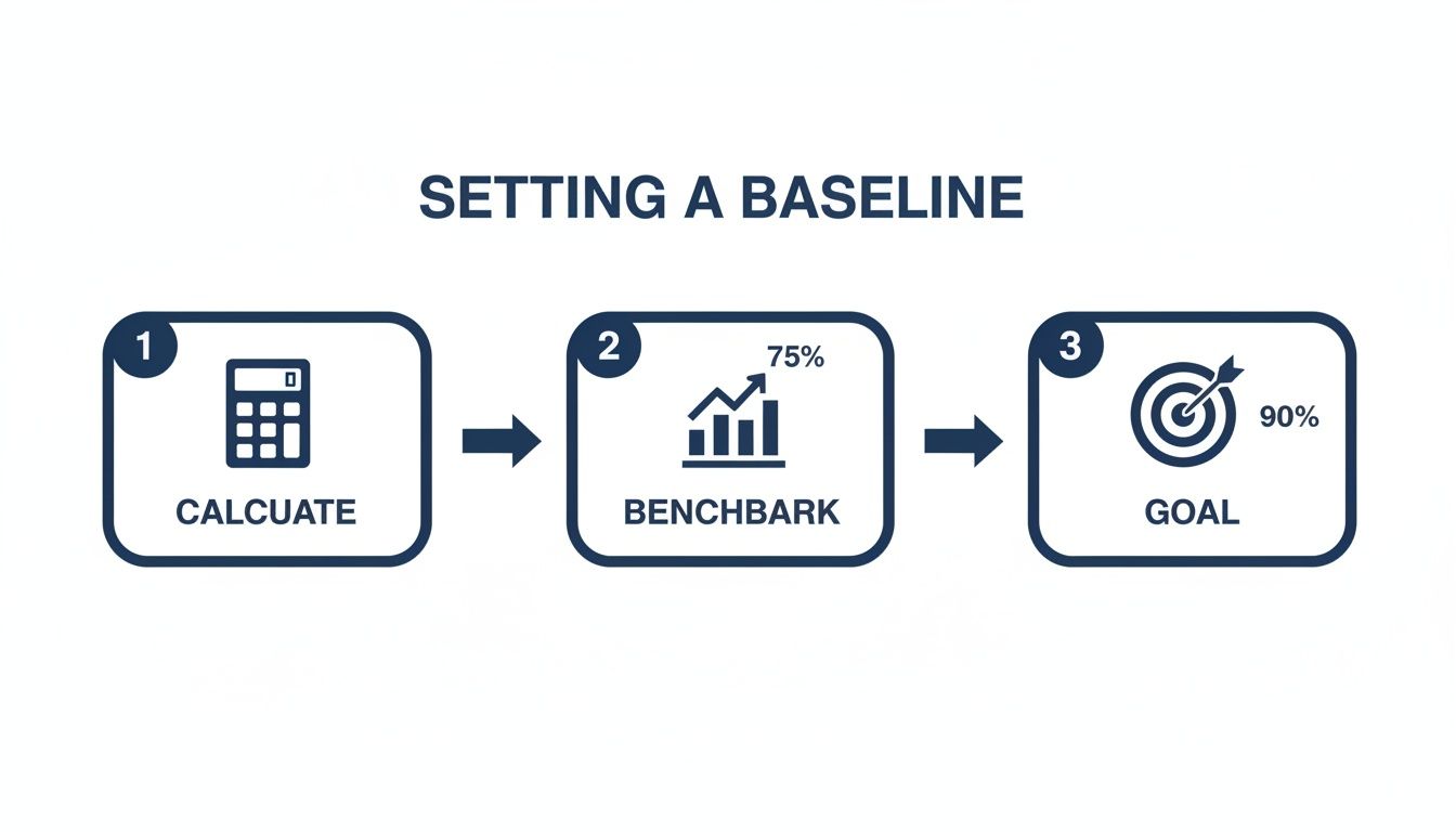 A three-step diagram titled 'Setting a Baseline' shows calculating, benchmarking (75%), and setting a goal (90%).