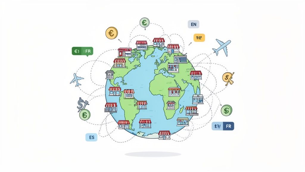 An illustration of a globe surrounded by various shops, currencies, and language options, depicting global commerce.