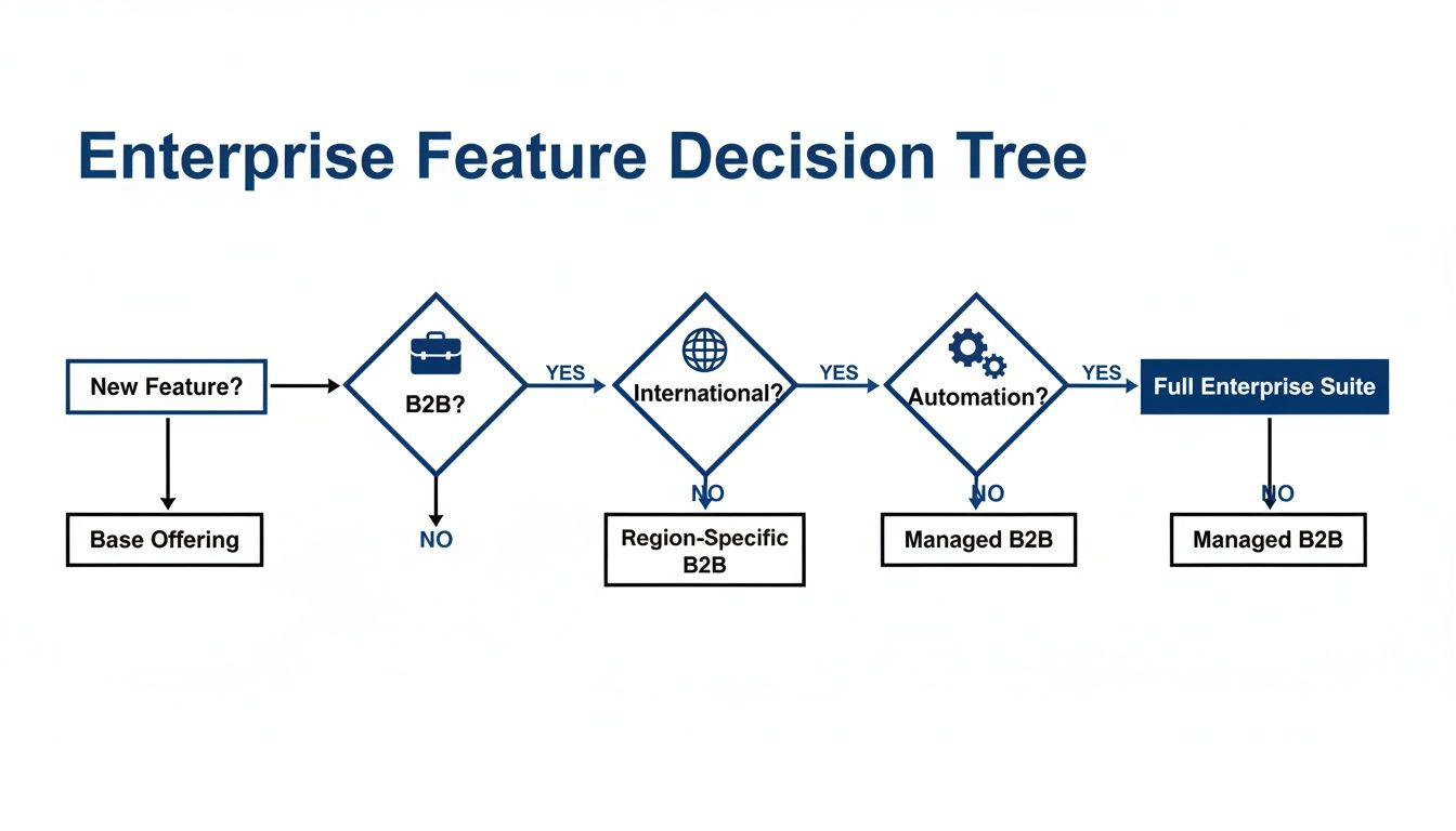Flowchart illustrating an enterprise feature decision tree with questions on B2B, international, and automation.