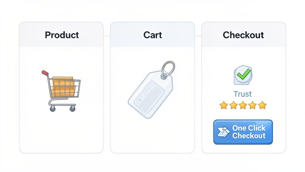 Infographic showing three stages of an e-commerce checkout process: Product, Cart, and Checkout.