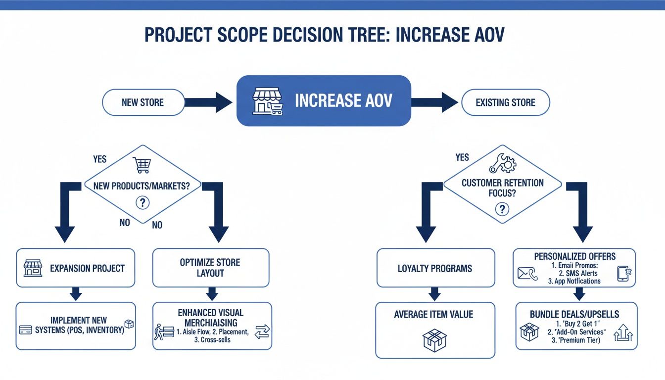 A decision tree diagram outlining strategies to increase Average Order Value (AOV) for new and existing stores.