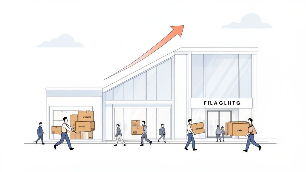 People carrying boxes labeled 'products' and 'data' into a modern building with an upward growth arrow.