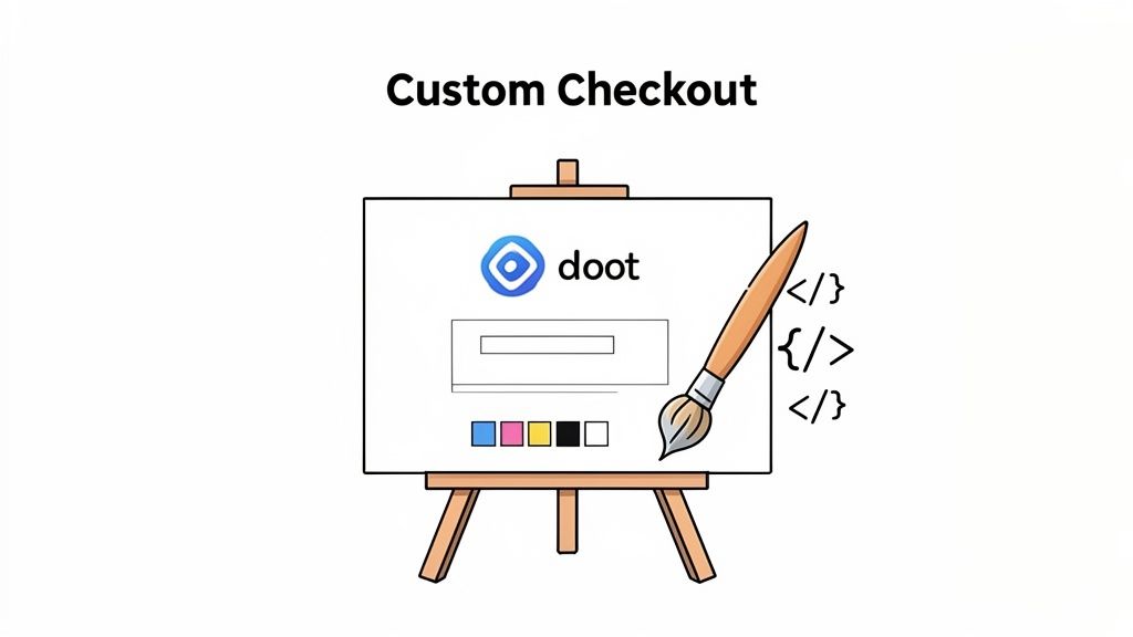 An illustration titled 'Custom Checkout' on an easel, featuring the doot logo, customizable elements, and development tools.