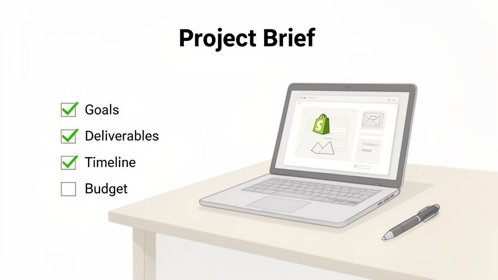 A project brief with checked goals, deliverables, timeline, and an unchecked budget, on a desk with a laptop.