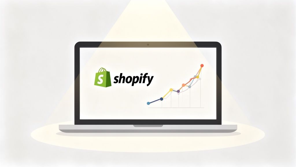 Laptop screen displaying the Shopify logo, text, and an upward trending colorful business graph.