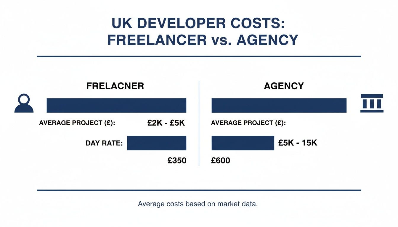 Infographic comparing UK developer costs for freelancers and agencies, showing average project and day rates.