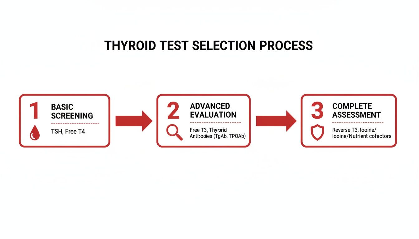 Diagram illustrating the three-step thyroid test selection process for comprehensive evaluation, from basic screening to advanced assessment.