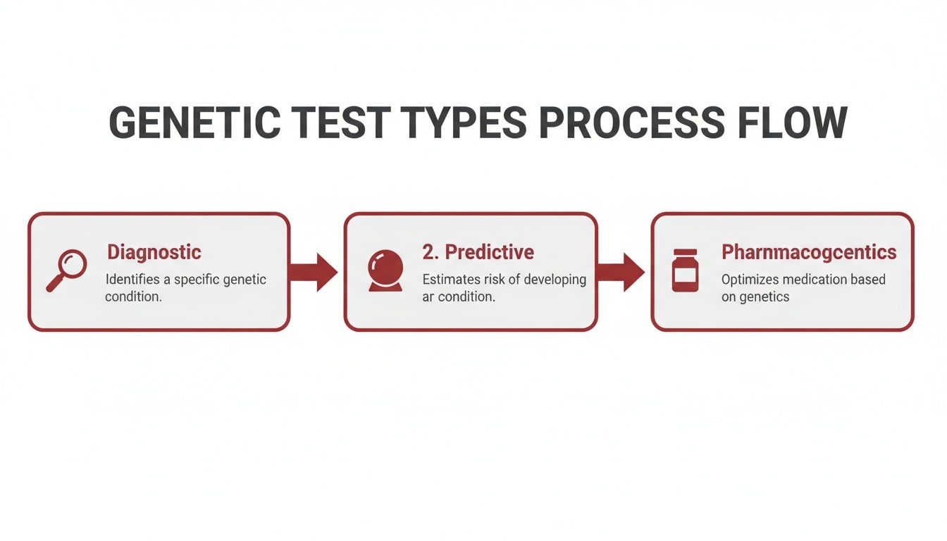 Process flow diagram showing three types of genetic tests: diagnostic, predictive, and pharmacogenomics.