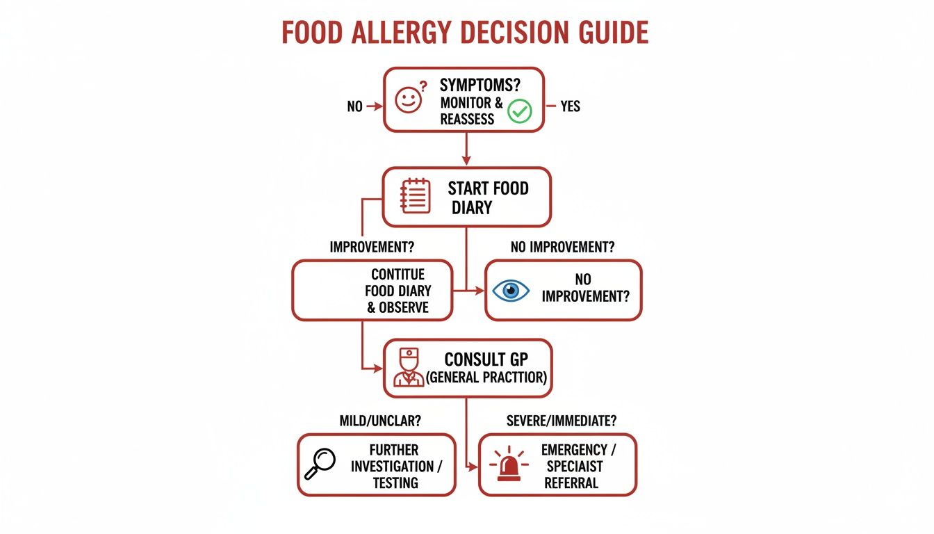 Flowchart guide for identifying food allergies, starting with symptoms, a food diary, and consulting a GP.