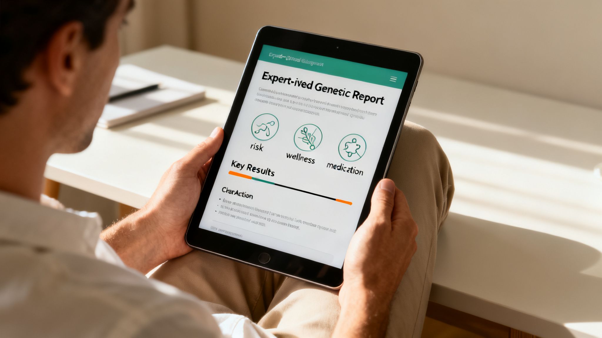 A person holds a tablet displaying an 'Expert-ived Genetic Report' with risk and wellness information.