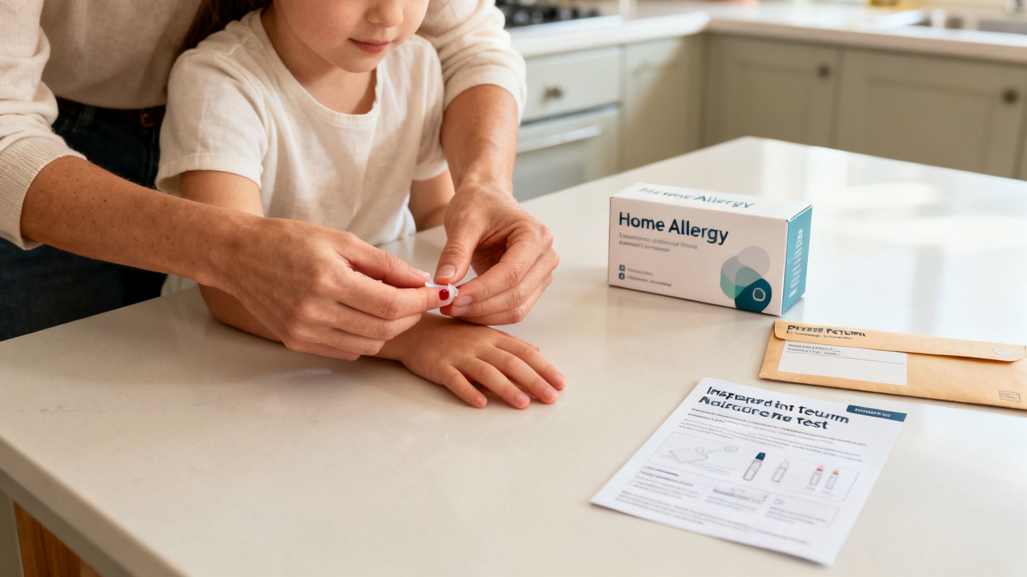 An adult assists a child with a finger-prick home allergy test kit at a kitchen counter.