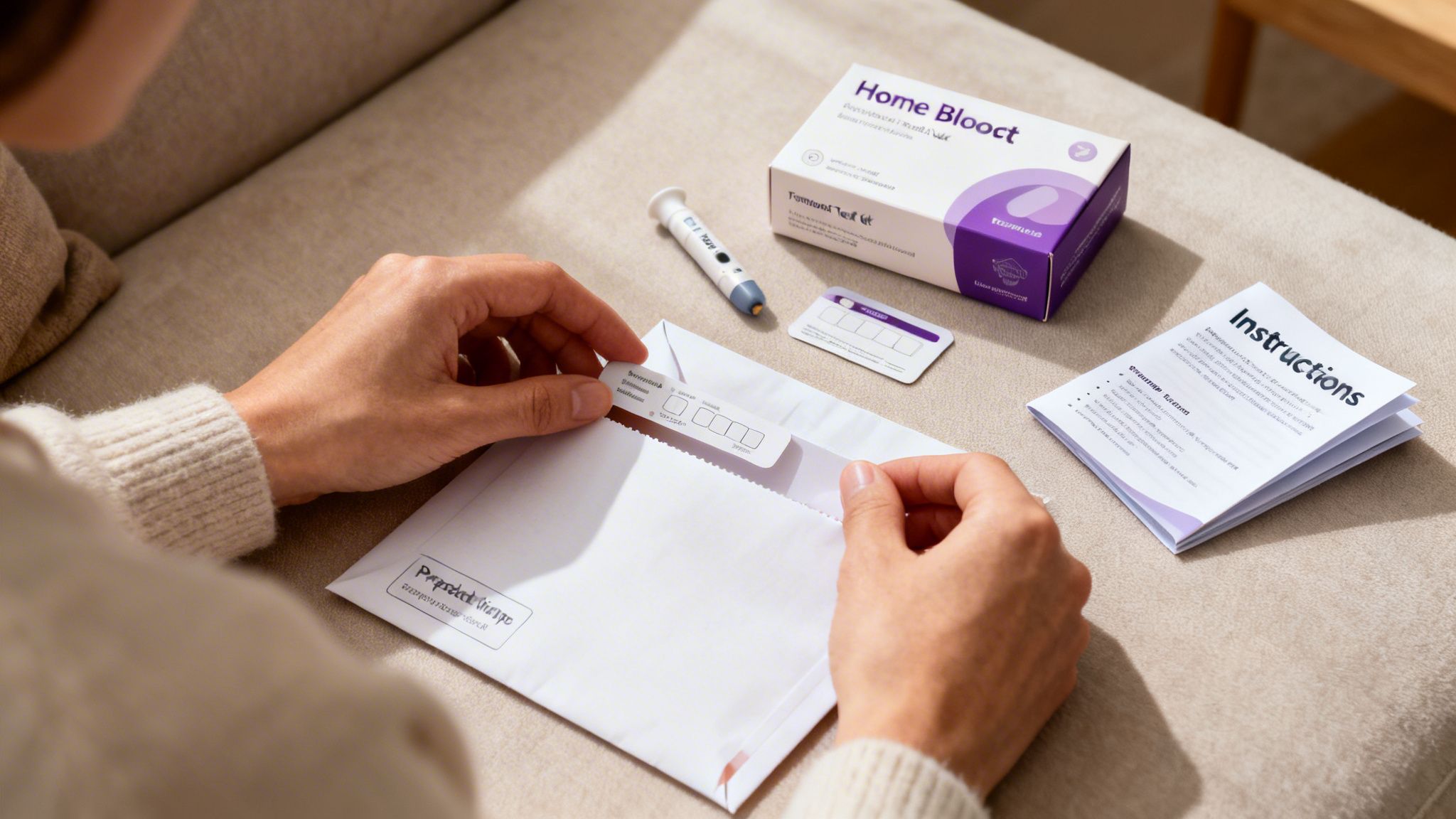 A person's hands opening a home blood test kit, with instructions and medical components on a couch.