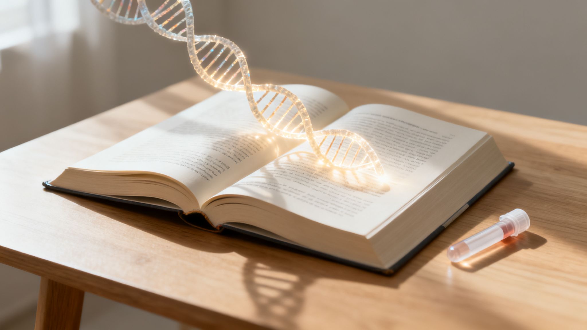 A glowing DNA helix emerges from an open book on a wooden table, next to a test tube.