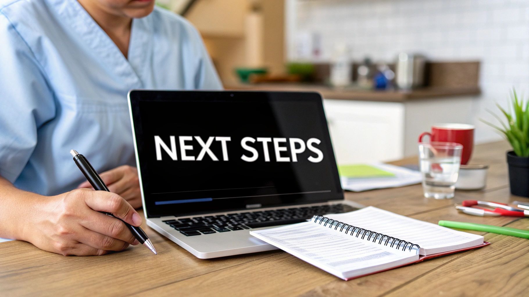 A person in blue scrubs writes in a notebook while looking at a laptop displaying 'NEXT STEPS' on a wooden desk.