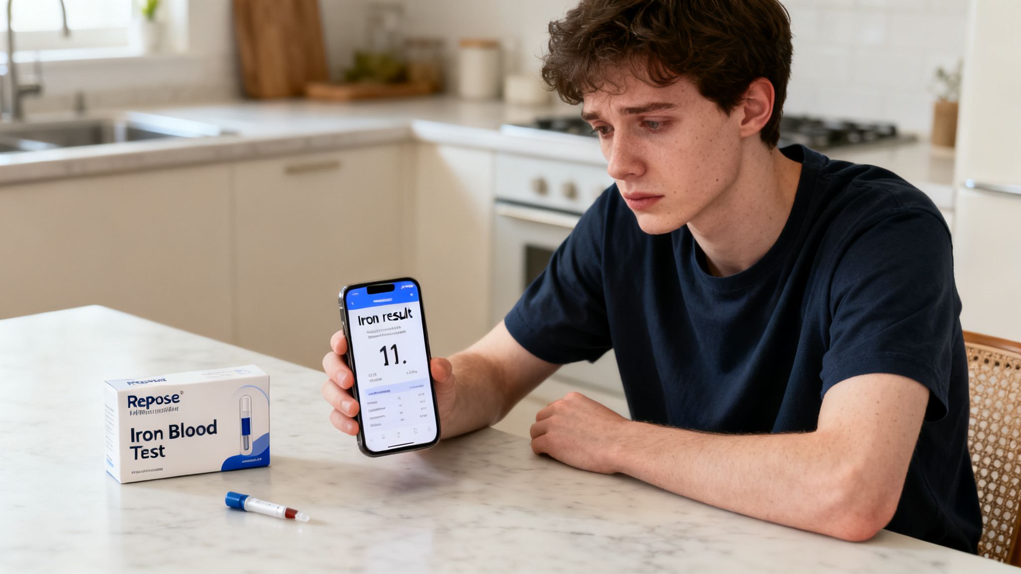A young man looks at his phone displaying iron blood test results, with a Repose kit nearby.