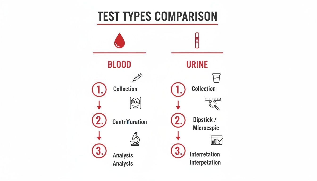 Infographic comparing blood and urine test procedures, from collection to analysis and interpretation steps.