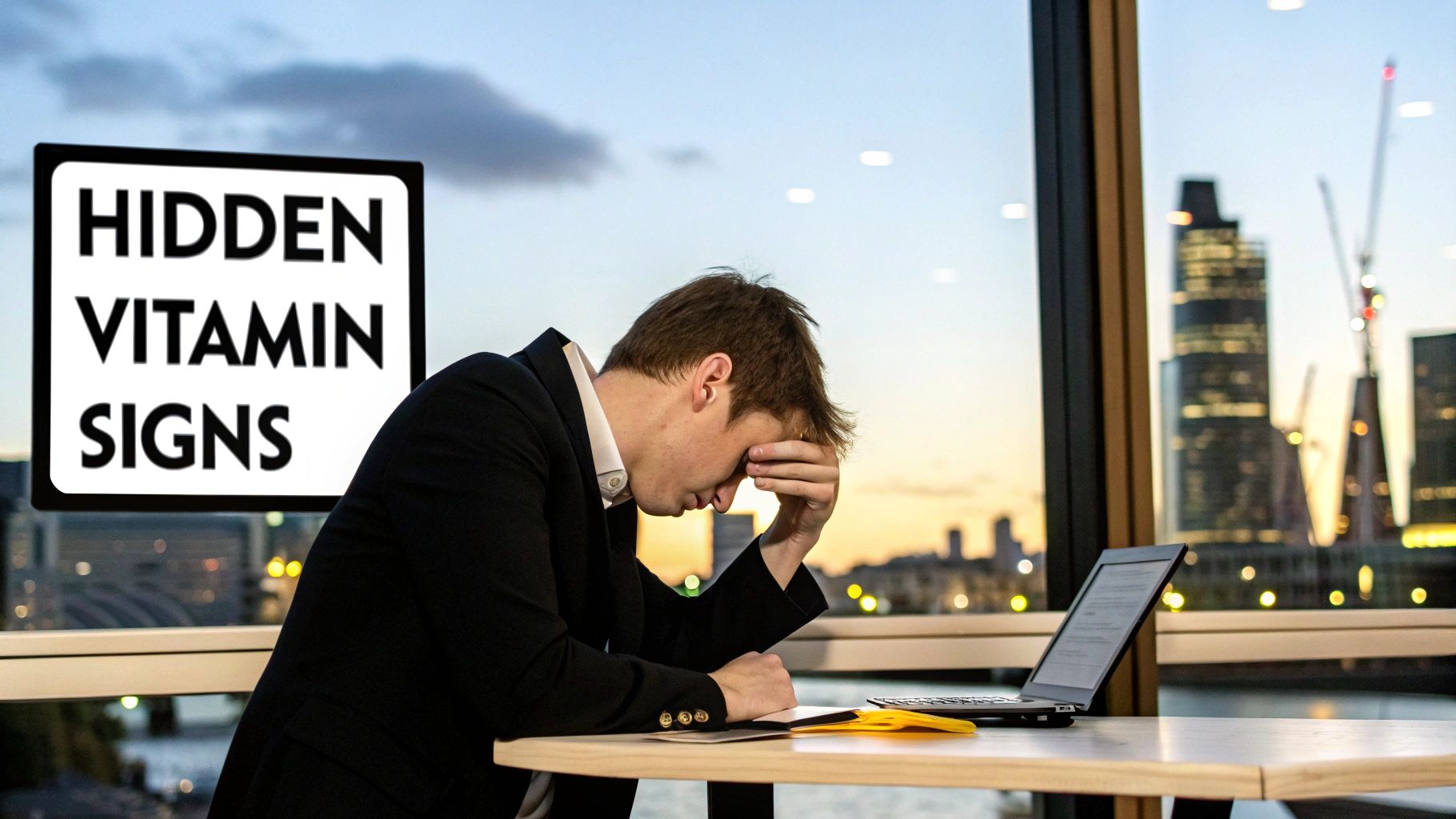 A man in a suit, looking stressed, sits at a desk with a laptop and a "Hidden Vitamin Signs" overlay.