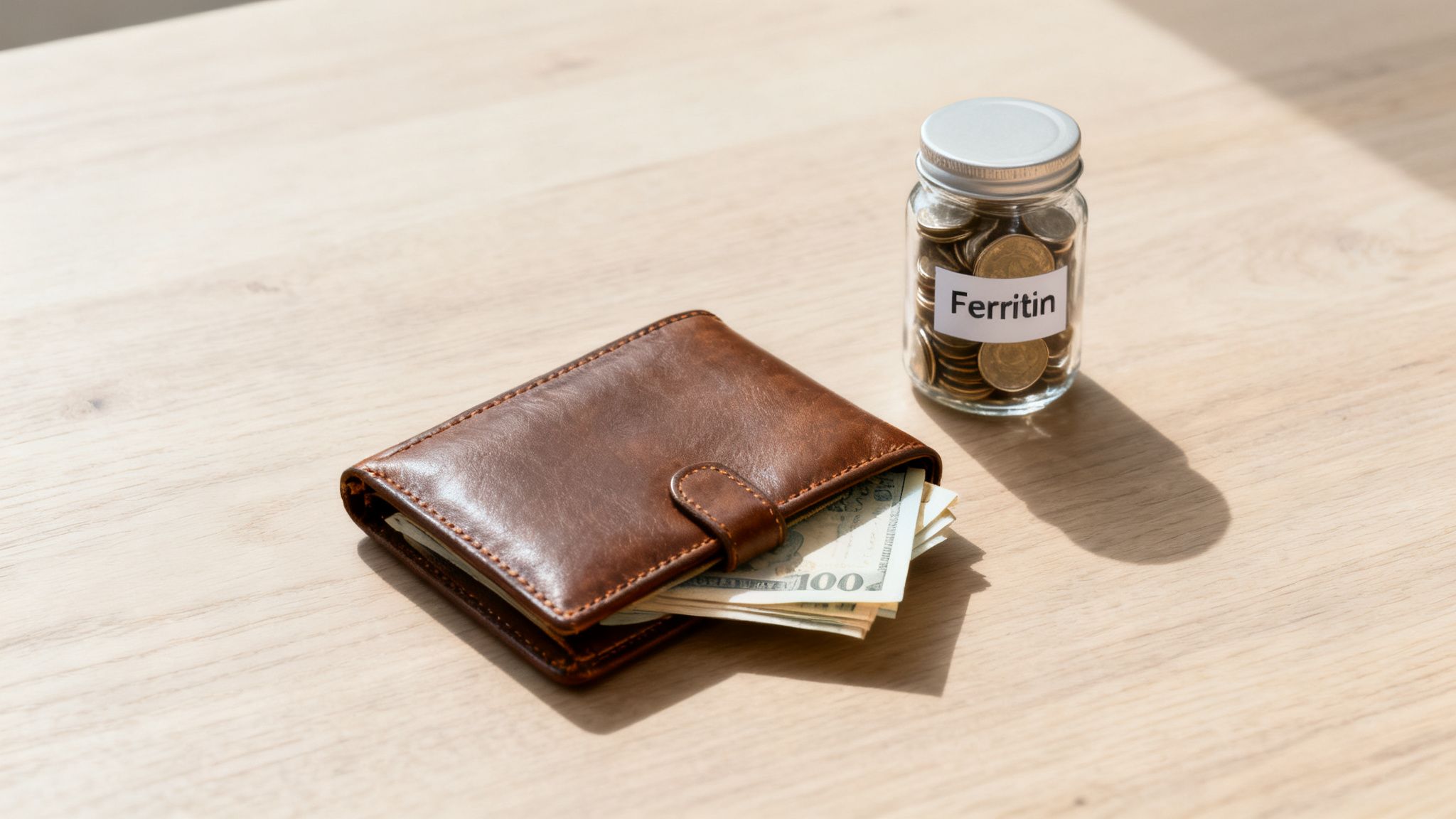 A brown leather wallet with banknotes and a clear jar of coins labeled "Ferritin" on a wooden surface.