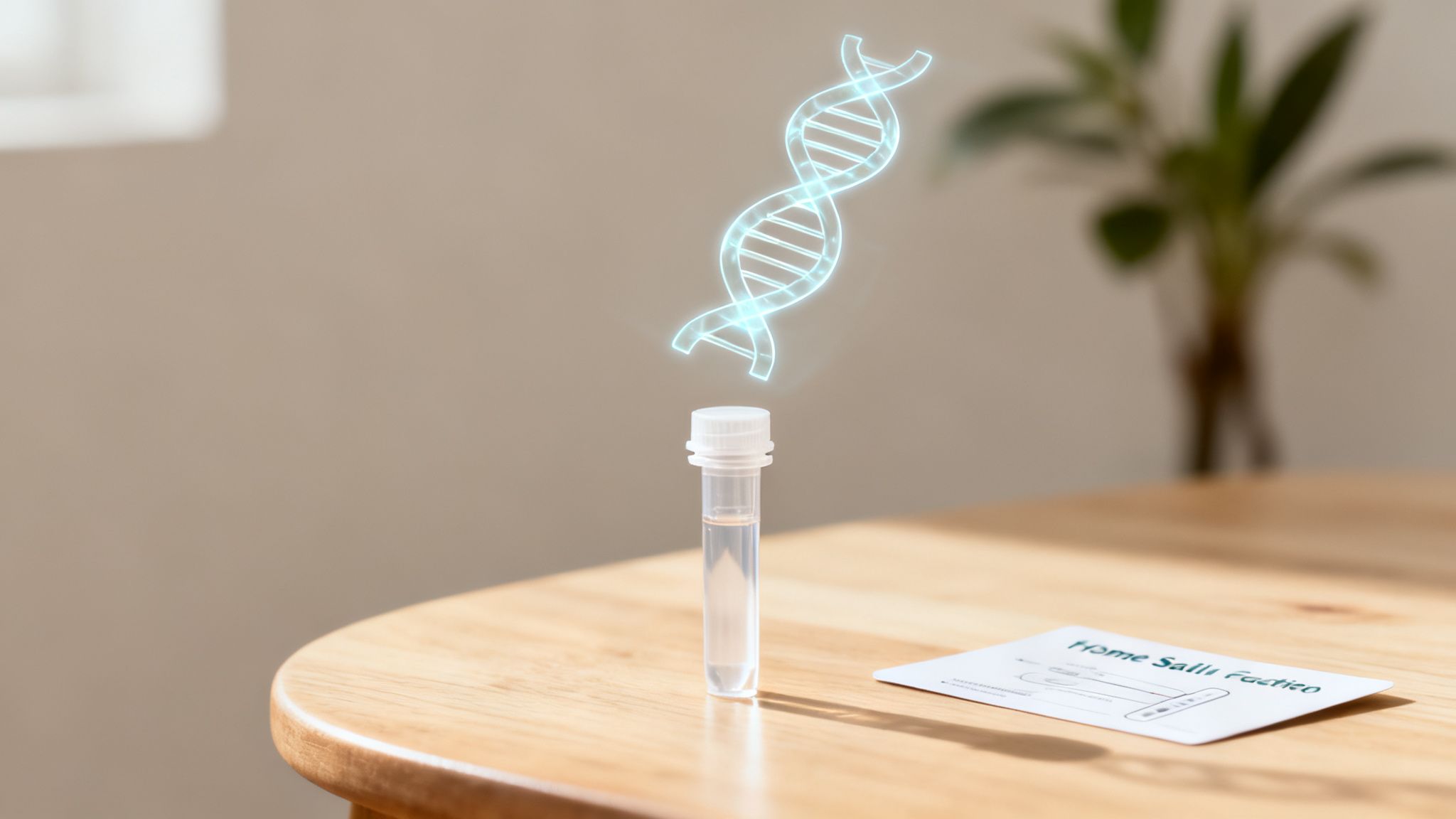 A glowing blue DNA helix hovers above a clear liquid sample vial on a wooden table with a home test kit.