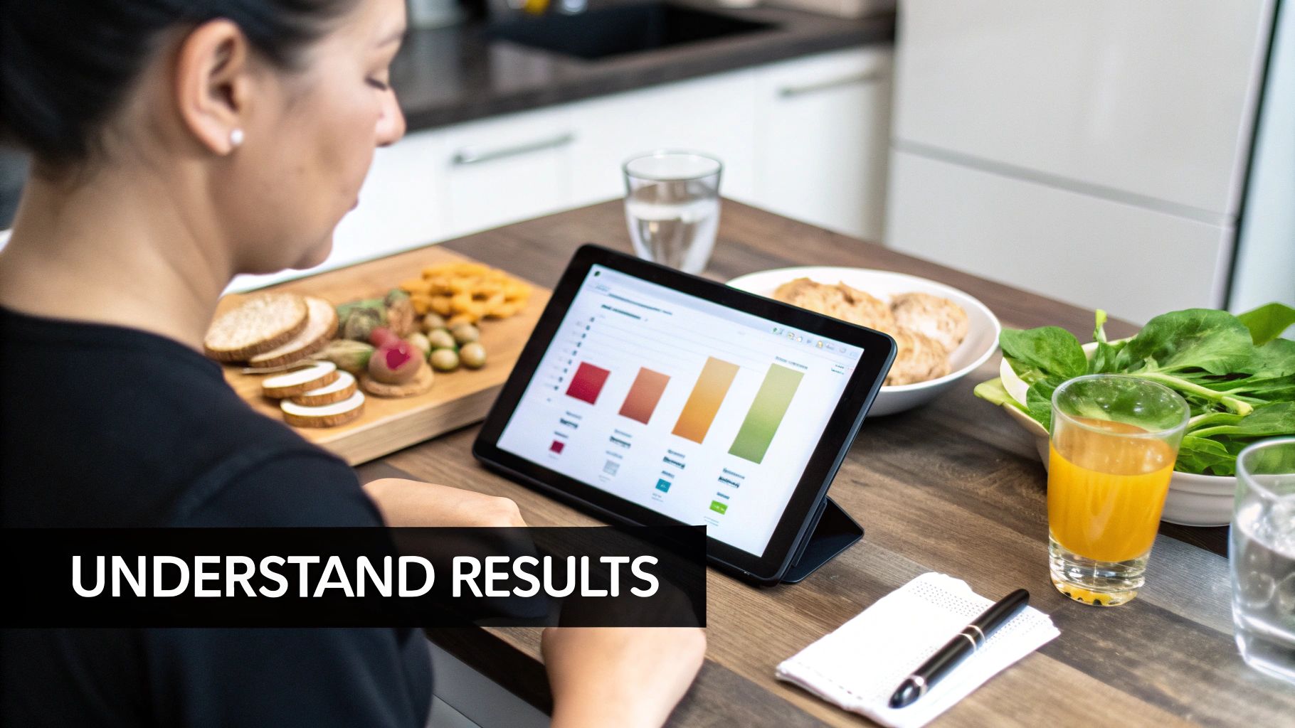 A woman analyzing nutrition data on a tablet, with various healthy foods and drinks on a kitchen table.