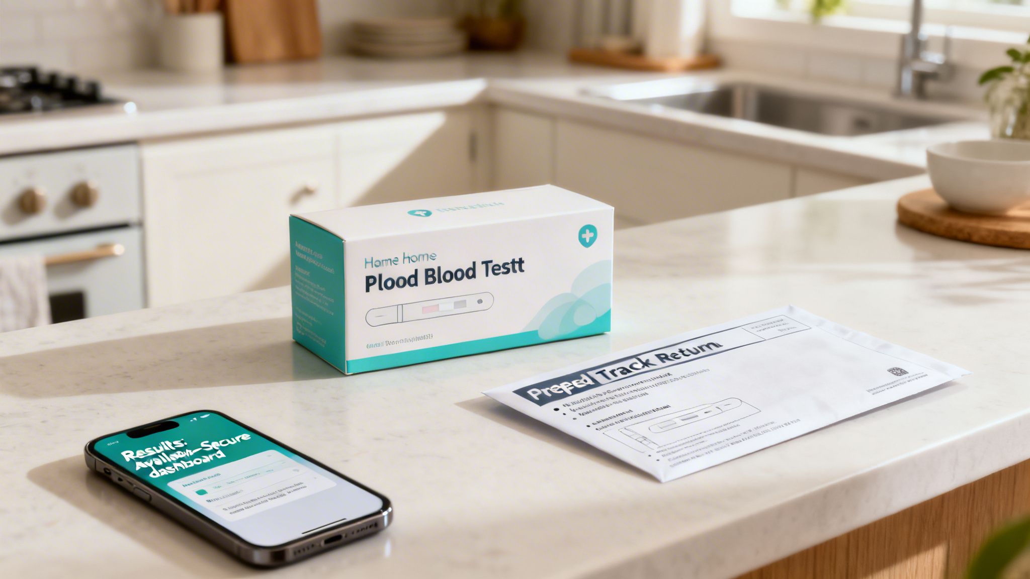 A home blood test kit, a smartphone displaying results, and a return envelope on a kitchen counter.