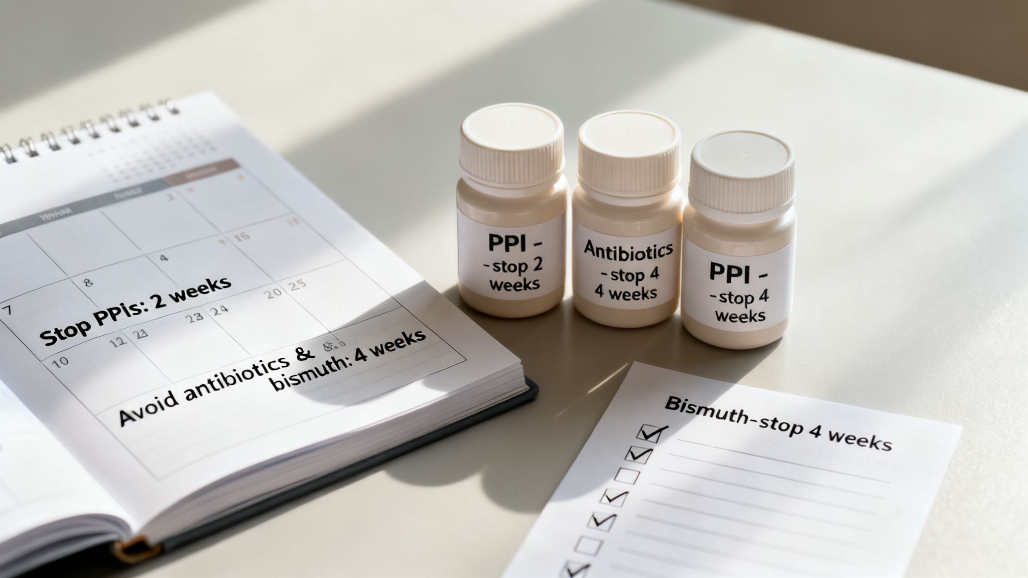 Calendar and medication bottles detailing a treatment plan to stop PPIs, antibiotics, and bismuth for specified durations.