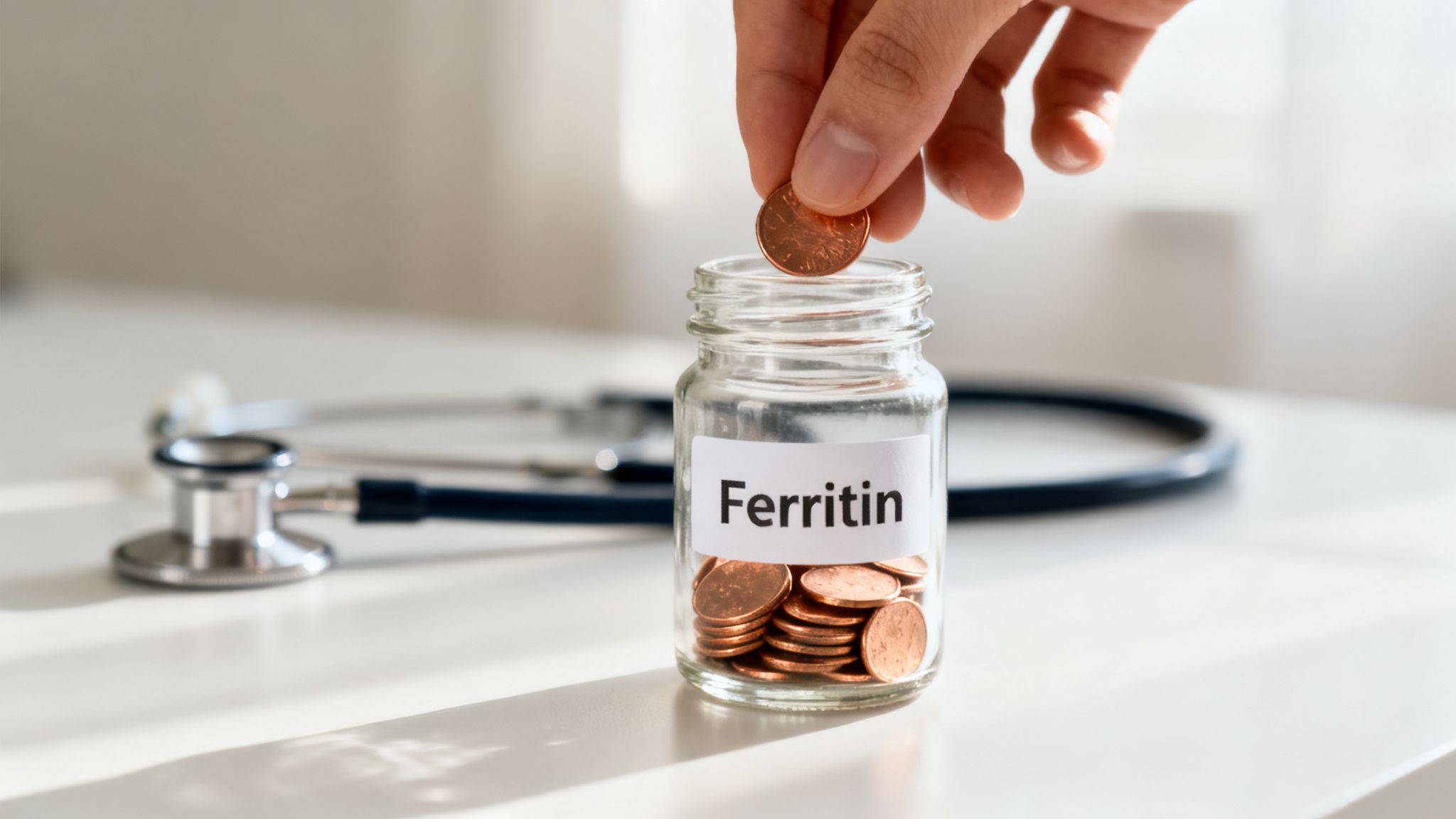 A hand drops a copper coin into a glass jar labeled "Ferritin," with a stethoscope nearby.