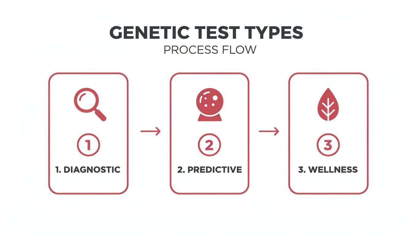 A process flow diagram illustrating three types of genetic tests: diagnostic, predictive, and wellness.