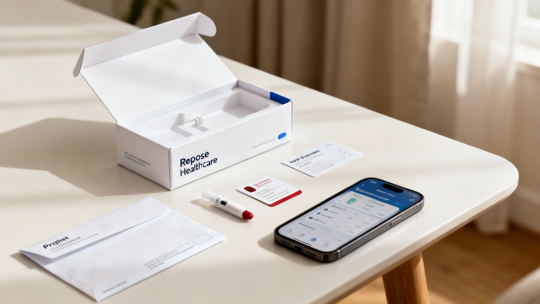 A home medical test kit, with a blood sample device and a smartphone app, on a white table.