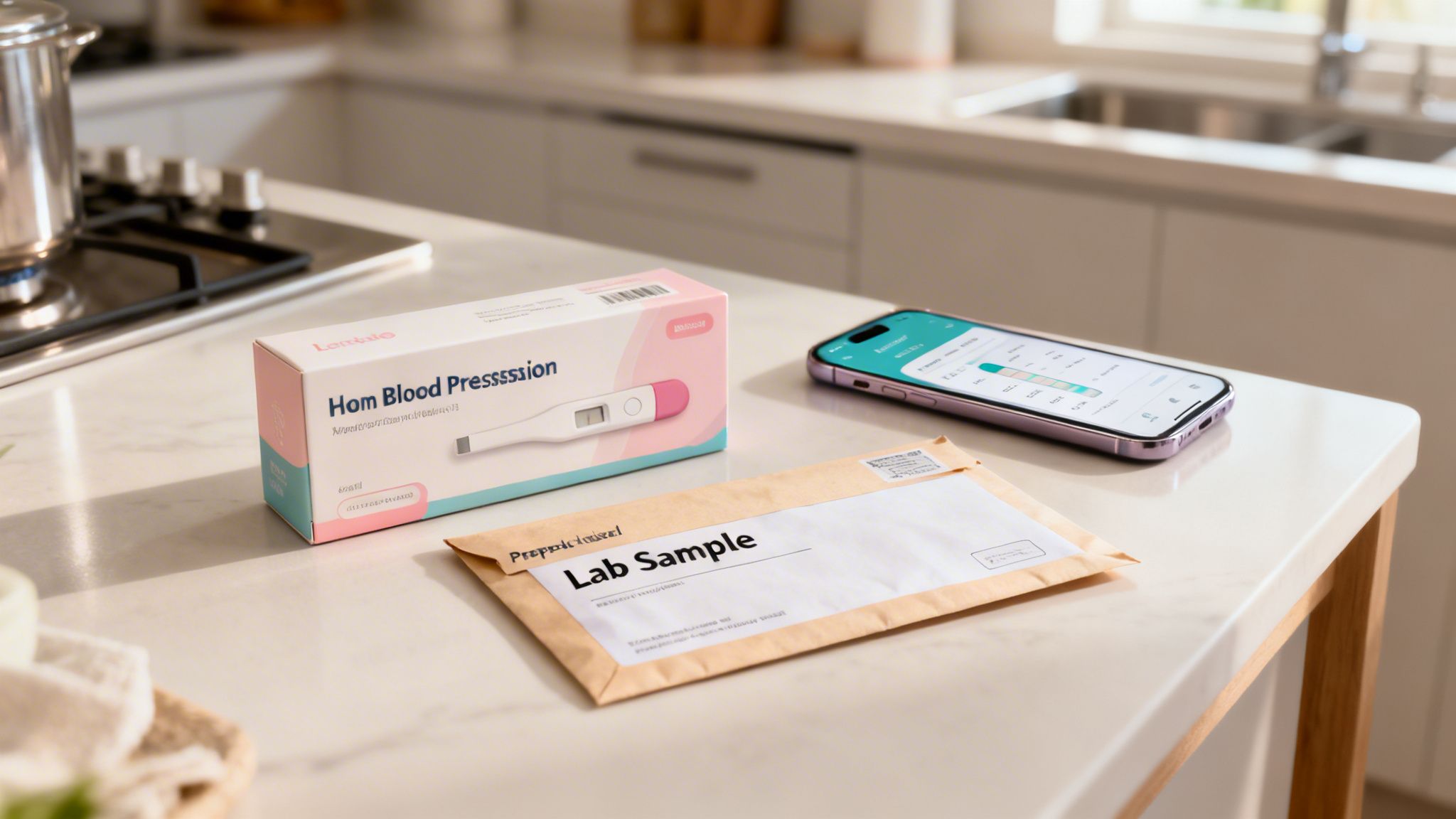 A home health test kit with a pregnancy test box, lab sample envelope, and smartphone.