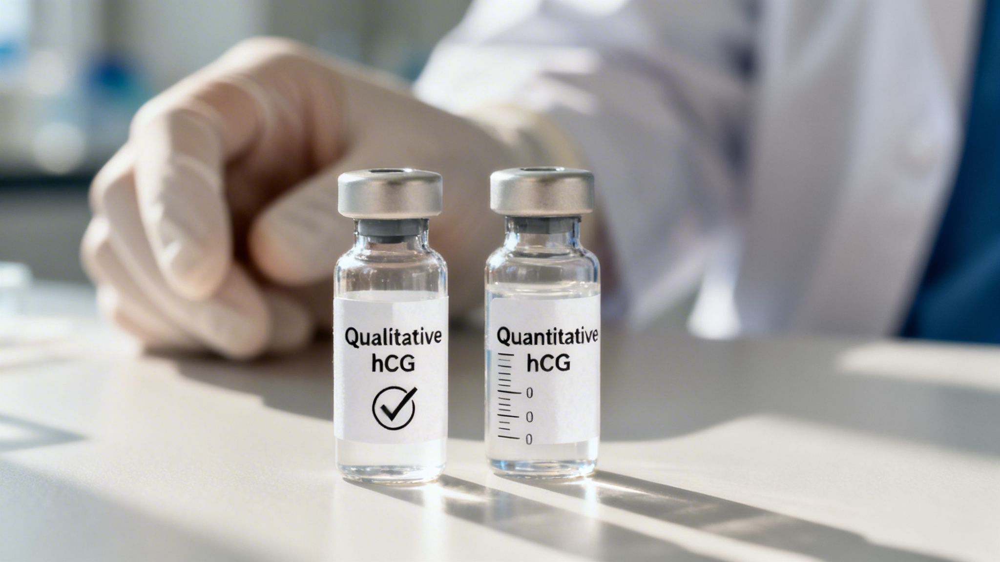A gloved hand near two medical vials labeled Qualitative and Quantitative hCG for pregnancy blood tests.