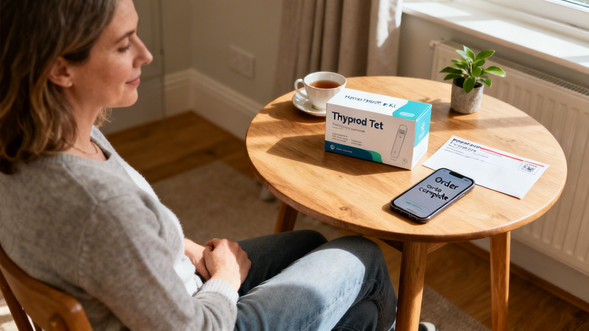 A woman sits at a table with an at-home thyroid test kit, a cup of tea, and a phone displaying 'Order complete'.