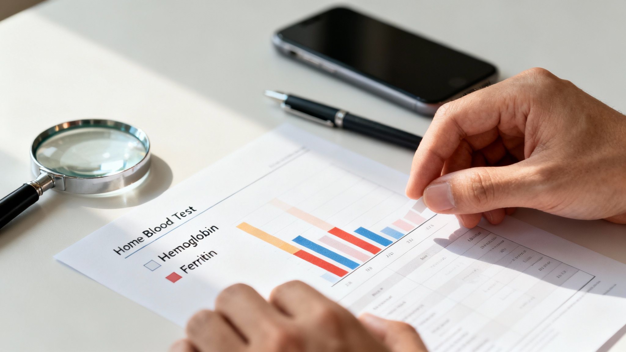 Close-up of hands reviewing a home blood test document with hemoglobin and ferritin results.