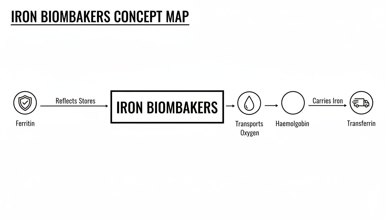 A concept map illustrating iron biomarkers: Ferritin reflects stores, Haemoglobin transports oxygen, and Transferrin carries iron.