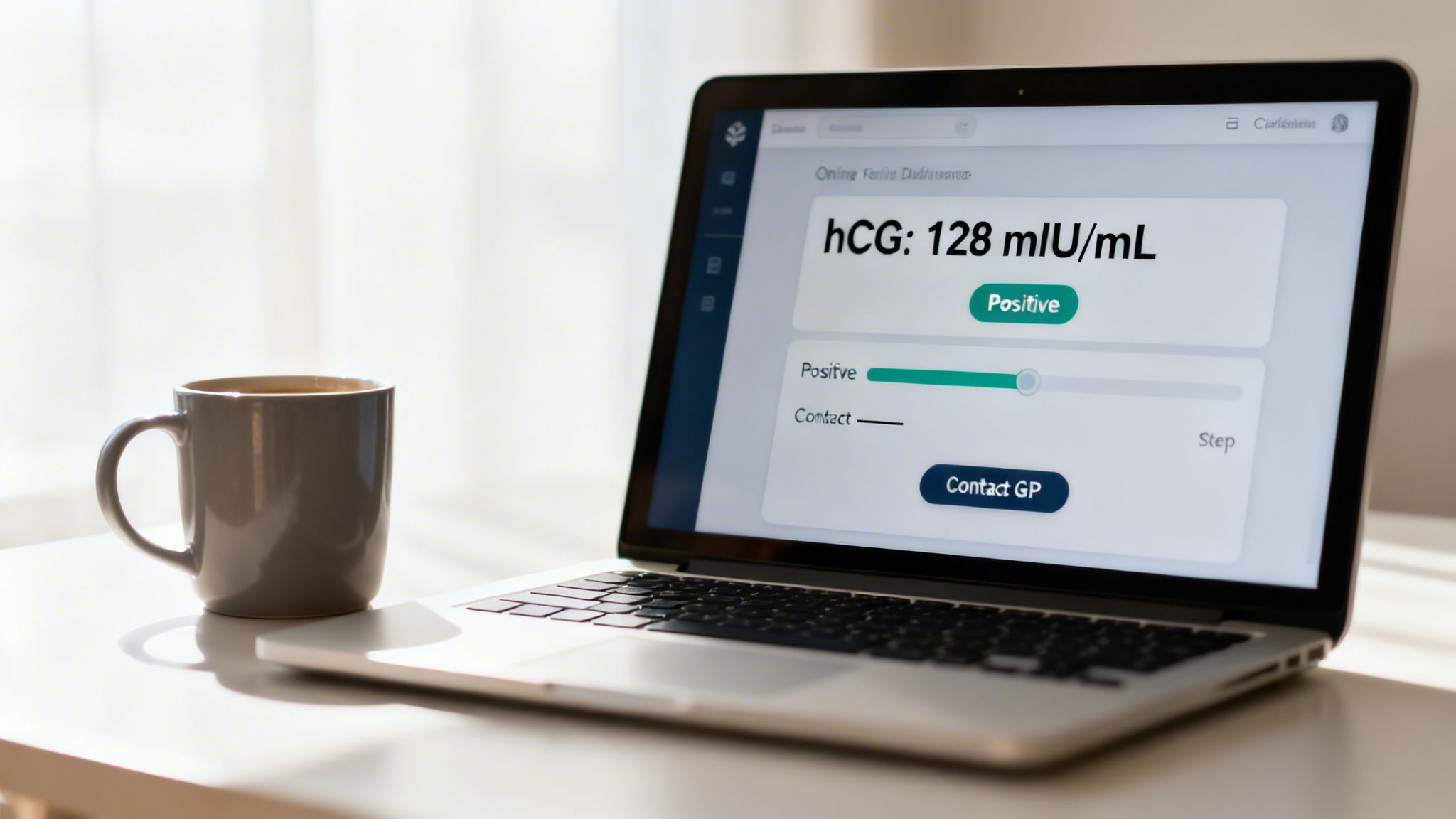 Laptop screen shows positive hCG pregnancy test result with 'Contact GP' button and a coffee mug.
