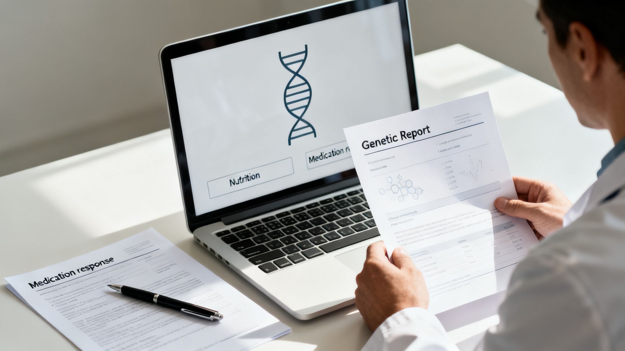 A doctor reviews a genetic report while a laptop displays a DNA icon and options for nutrition and medication response.