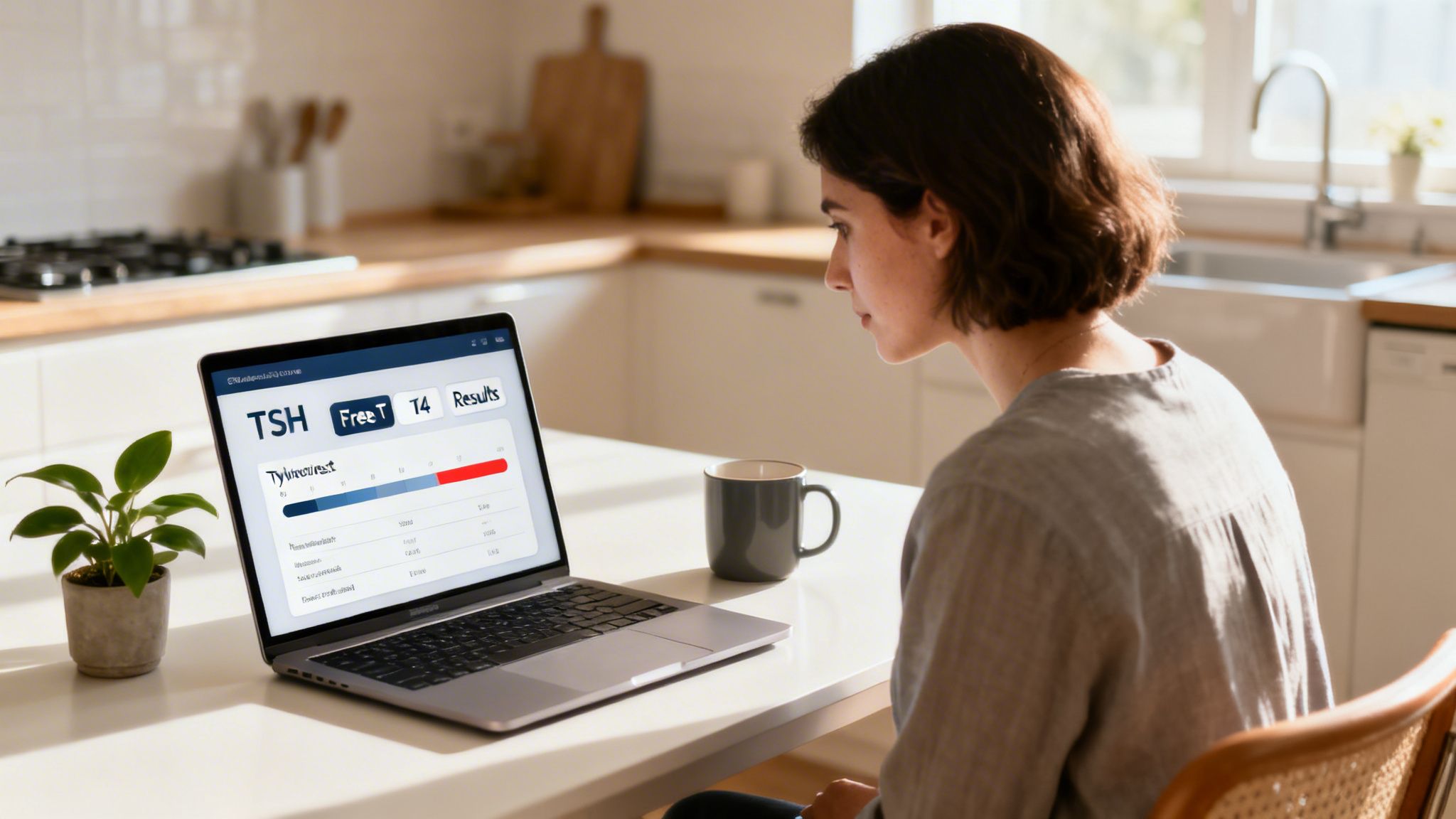 Woman views thyroid test results on a laptop at home, displaying TSH and Free T levels.