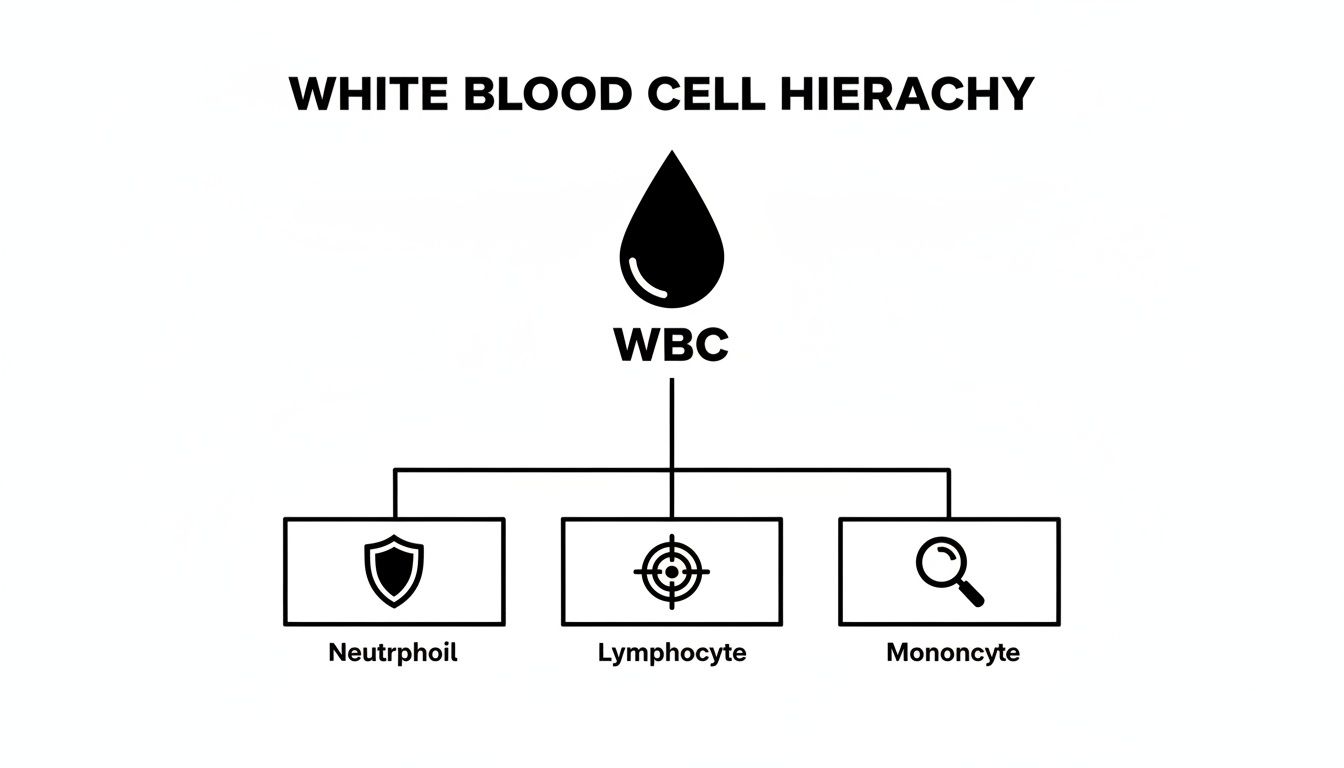 A diagram illustrates the White Blood Cell (WBC) hierarchy, branching into Neutrophil, Lymphocyte, and Monocyte.